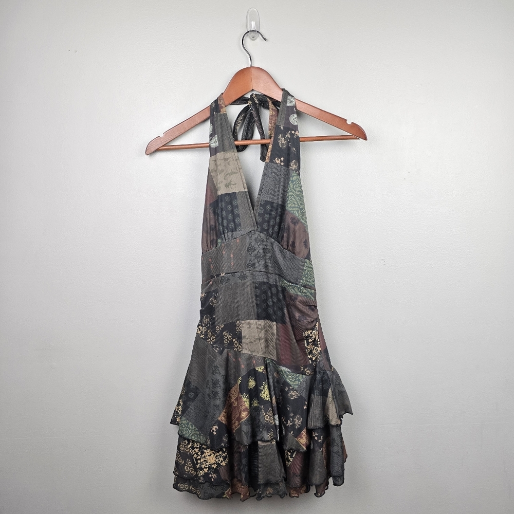 Mesh Halter Patch Multi-Layer Hem Skort Dress Gre… - image 3